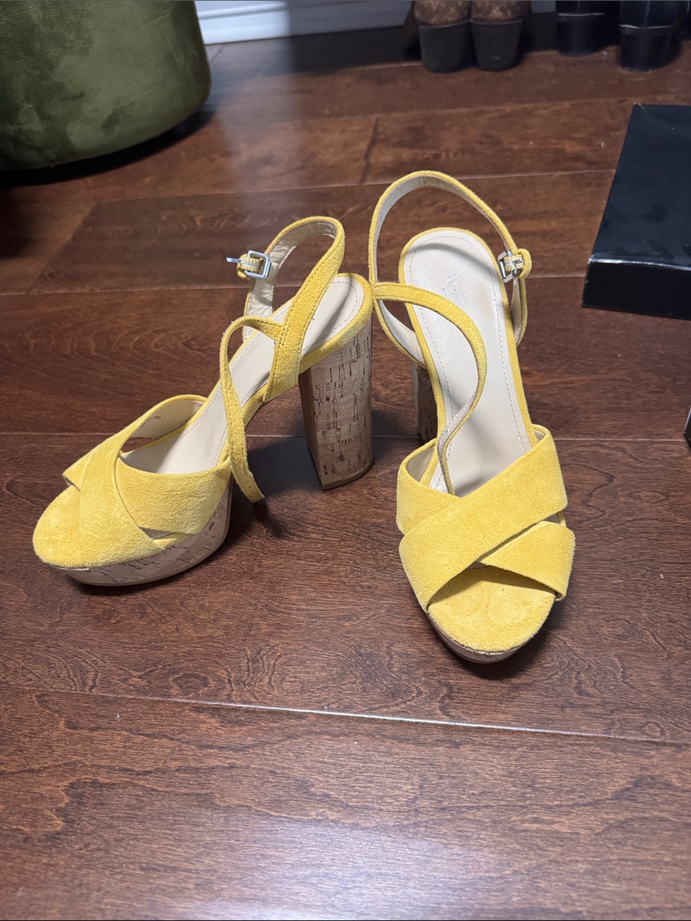 Botkier Yellow Suede Crisscross Cork Block Heels